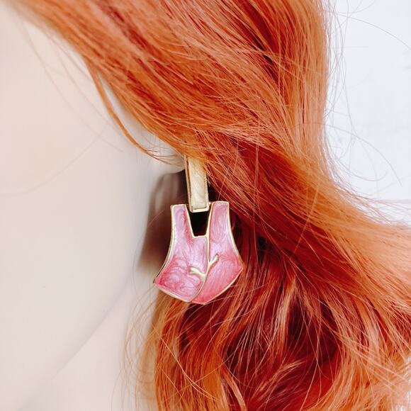 VTG 1980s Marbled Pink Enamel Geometric Statement Earrings Gold Tone Hinged - Picture 2 of 10